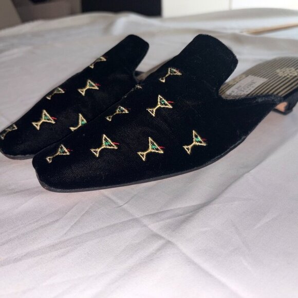 Amy Jo Gladstone Shoes - VINTAGE Y2K Embroidered Velvet Martini Kitten Mules Size 7 Made in USA